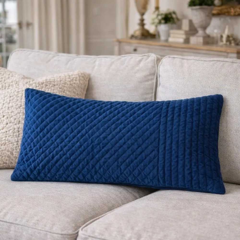 Quilted velvet navy green pillow sham rectangular 12x22 inch accent pillow